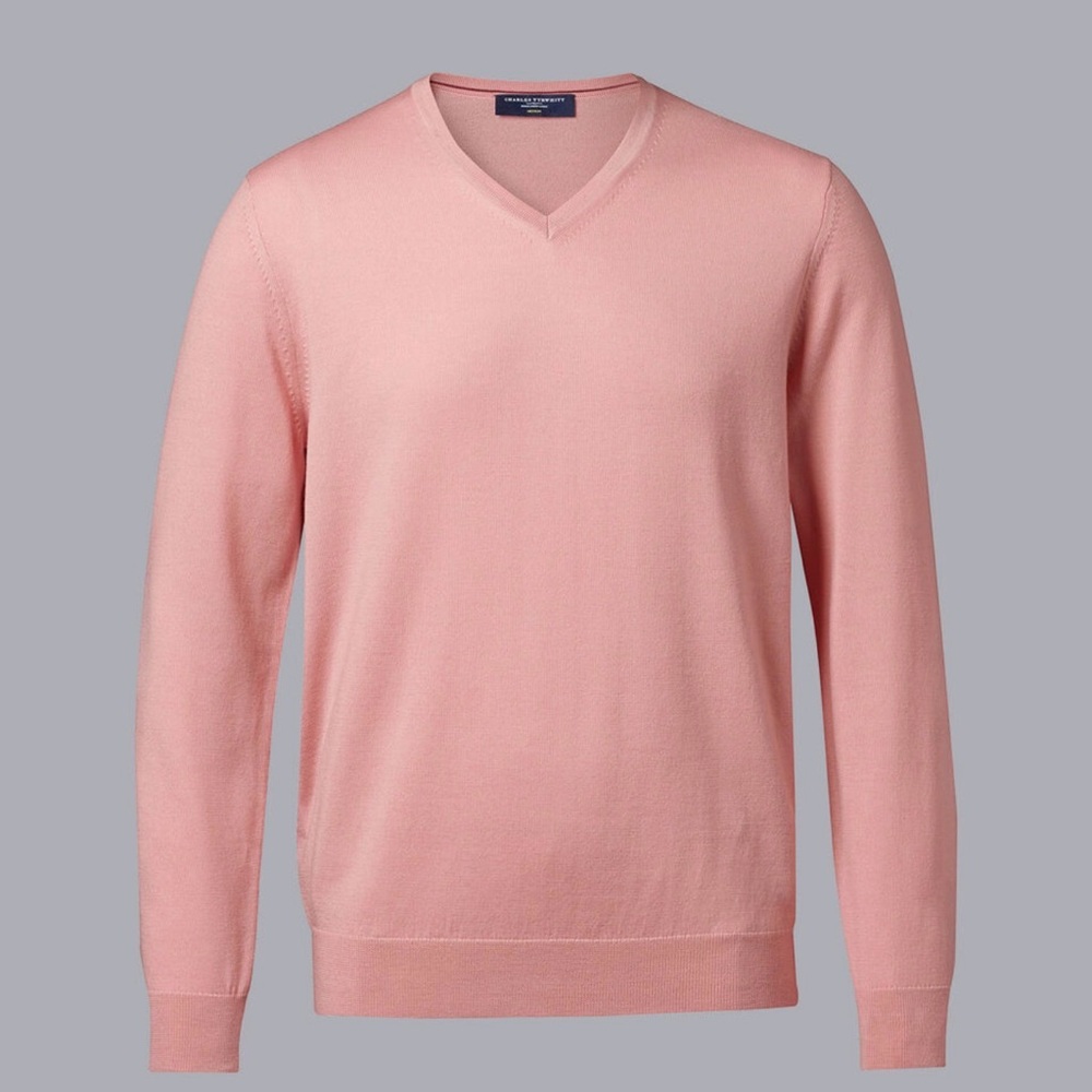 NWT Charles Tyrwhitt Pure Merino V-Neck Jumper Sweater Coral Pink Size XXL